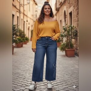 Trendy Blue Straight Leg Jeans with Bow Accents